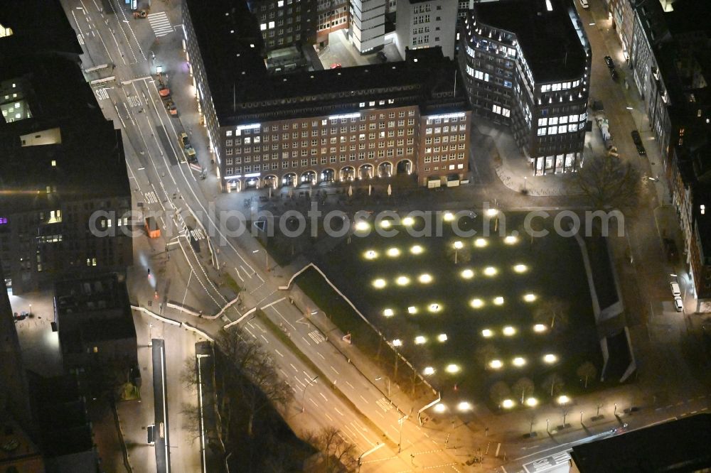 Aerial photograph at night Hamburg - Night lighting ensemble space an place Domplatz in the inner city center in the district Altstadt in Hamburg, Germany