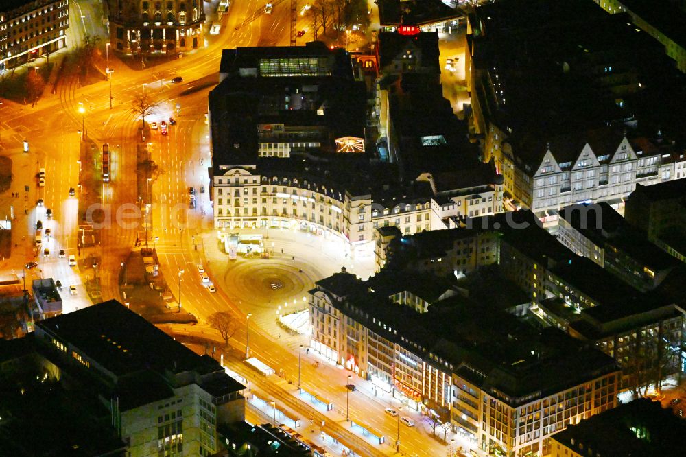 Aerial photograph at night München - Night lighting ensemble space an place Karlsplatz - Stachus in the inner city center in Munich in the state Bavaria, Germany