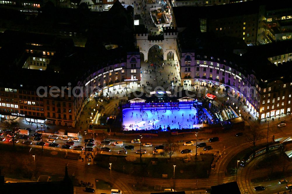 München at night from above - Night lighting ensemble space an place Karlsplatz - Stachus in the inner city center in Munich in the state Bavaria, Germany