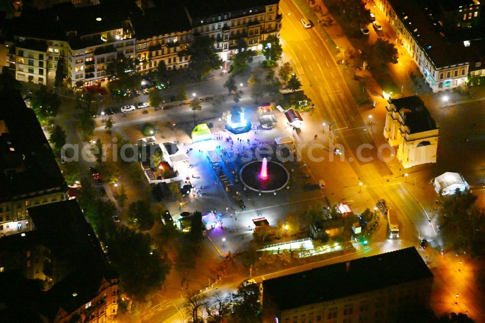 Aerial photograph at night Potsdam - Night lighting ensemble space Luisenplatz in the inner city center in Potsdam in the state Brandenburg, Germany