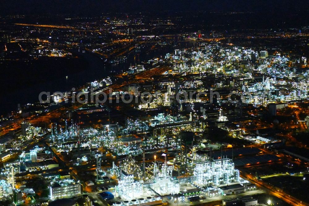 Aerial image at night Ludwigshafen am Rhein - Night lighting refinery equipment and management systems on the factory premises of the chemical manufacturers BASF in Ludwigshafen am Rhein in the state Rhineland-Palatinate, Germany