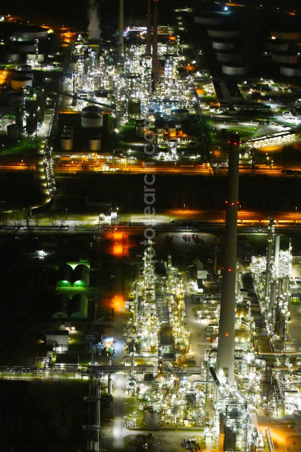 Karlsruhe at night from above - Night lighting refinery equipment and management systems on the factory premises of the mineral oil manufacturers Mineraloelraffinerie Oberrhein in the district Knielingen in Karlsruhe in the state Baden-Wurttemberg, Germany