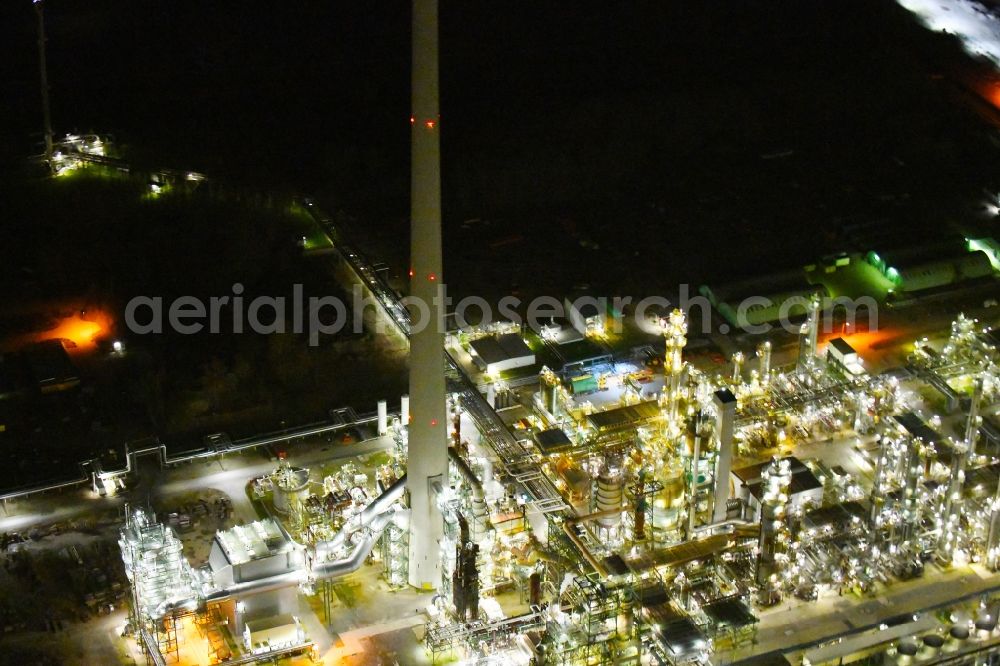 Aerial image at night Karlsruhe - Night lighting refinery equipment and management systems on the factory premises of the mineral oil manufacturers Mineraloelraffinerie Oberrhein in the district Knielingen in Karlsruhe in the state Baden-Wurttemberg, Germany