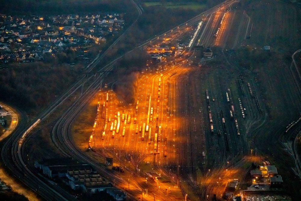 Hamm at night from above - Night lighting marshalling yard and freight station of the Deutsche Bahn in Hamm in the state North Rhine-Westphalia, Germany