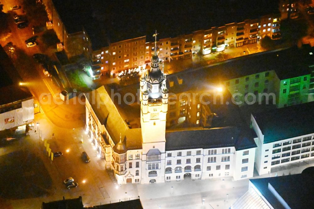 Dessau at night from above - Night lighting town Hall building of the City Council at the market downtown in Dessau in the state Saxony-Anhalt, Germany