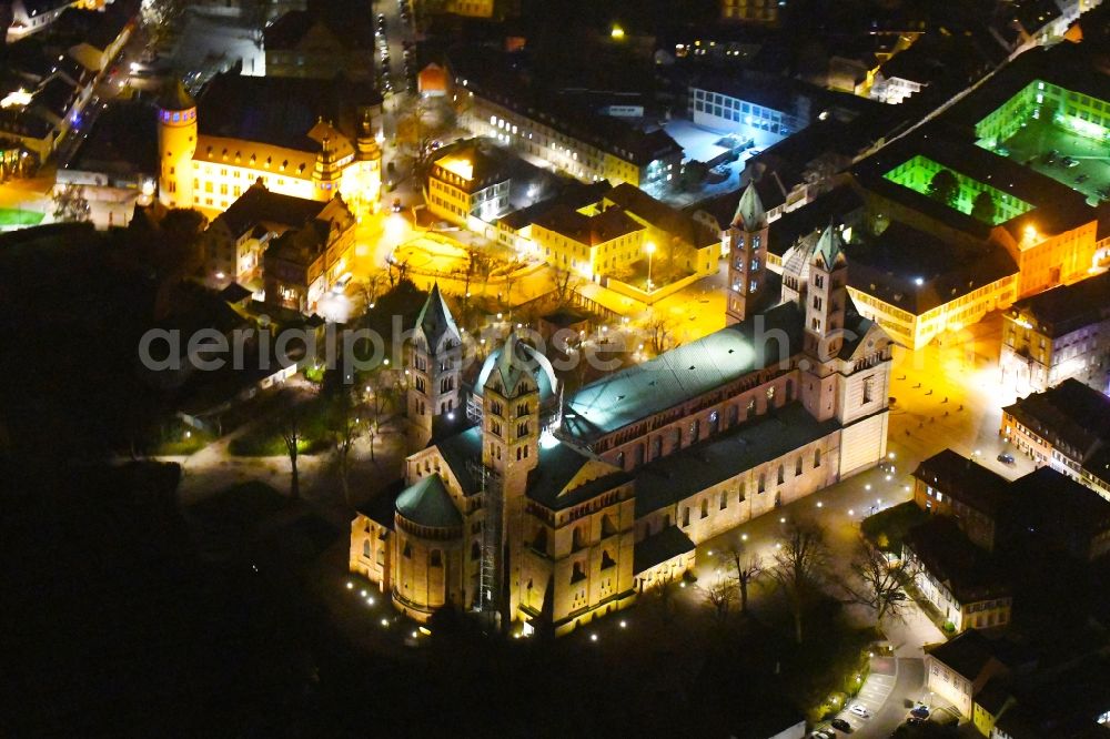 Aerial image at night Speyer - Night lighting romanic Cathedral Dom zu Speyer in Speyer in the state Rhineland-Palatinate, Germany