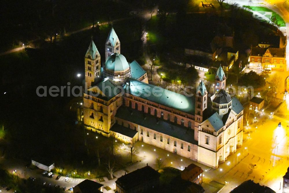 Aerial image at night Speyer - Night lighting romanic Cathedral Dom zu Speyer in Speyer in the state Rhineland-Palatinate, Germany