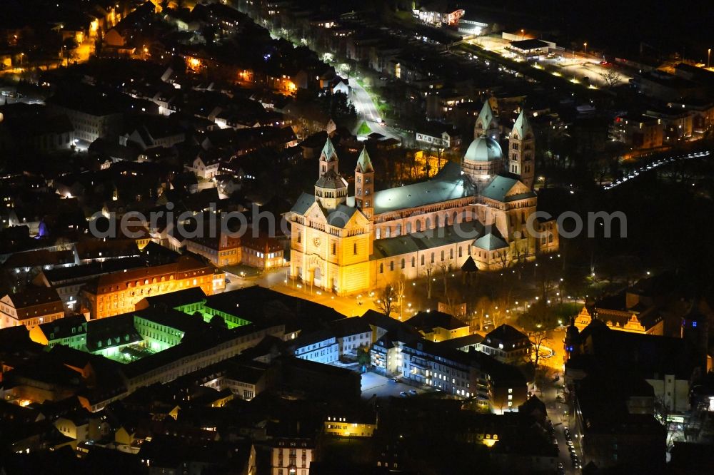 Speyer at night from above - Night lighting romanic Cathedral Dom zu Speyer in Speyer in the state Rhineland-Palatinate, Germany