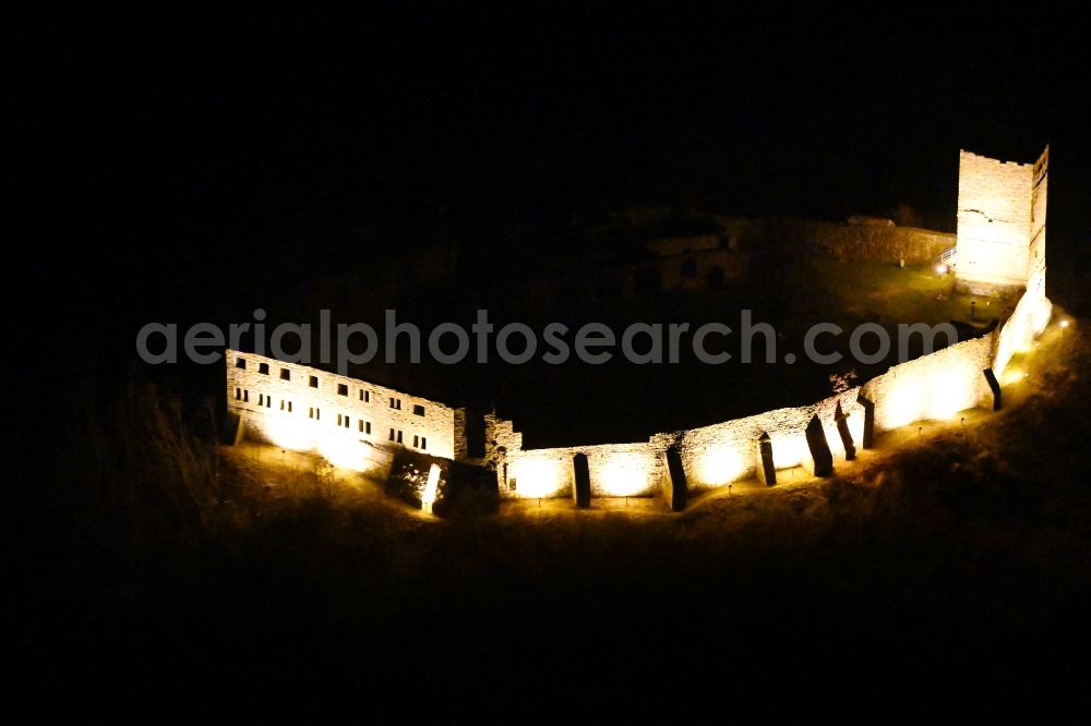 Drei Gleichen at night from above - Night lighting ruins and vestiges of the former castle and fortress Burg Gleichen on Thomas-Muentzer-Strasse in the district Wandersleben in Drei Gleichen in the state Thuringia, Germany