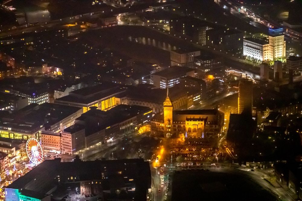 Duisburg at night from above - Night lighting town Salvator church and Hall building of the city administration in Duisburg in the state North Rhine-Westphalia, Germany