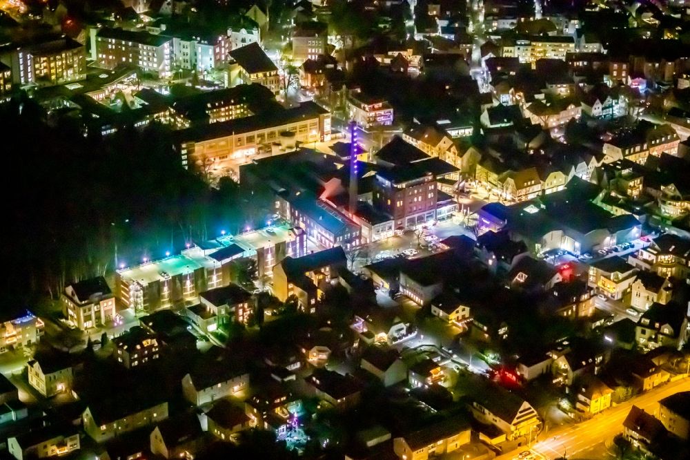 Unna at night from above - Night lighting school building the community college on Lindenplatz in Unna in the state North Rhine-Westphalia, Germany