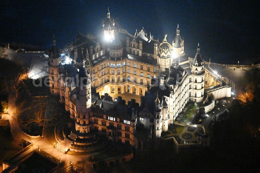 Schwerin at night from above - Night lighting schwerin Castle in the state capital of Mecklenburg-Western Pomerania