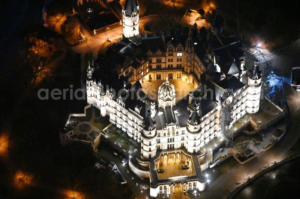 Schwerin at night from above - Night lighting schwerin Castle in the state capital of Mecklenburg-Western Pomerania