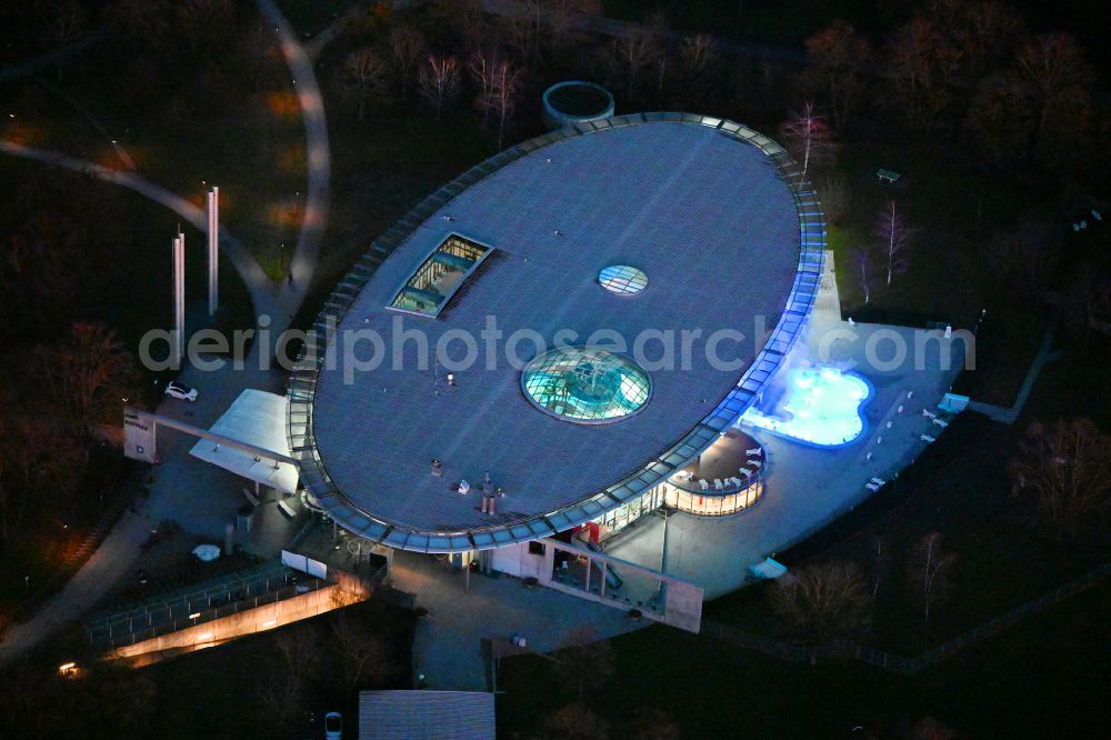 Aerial photograph at night München - Night lighting swimming pool of the Westbad on er Weinbergerstrasse in Munich in the state Bavaria, Germany