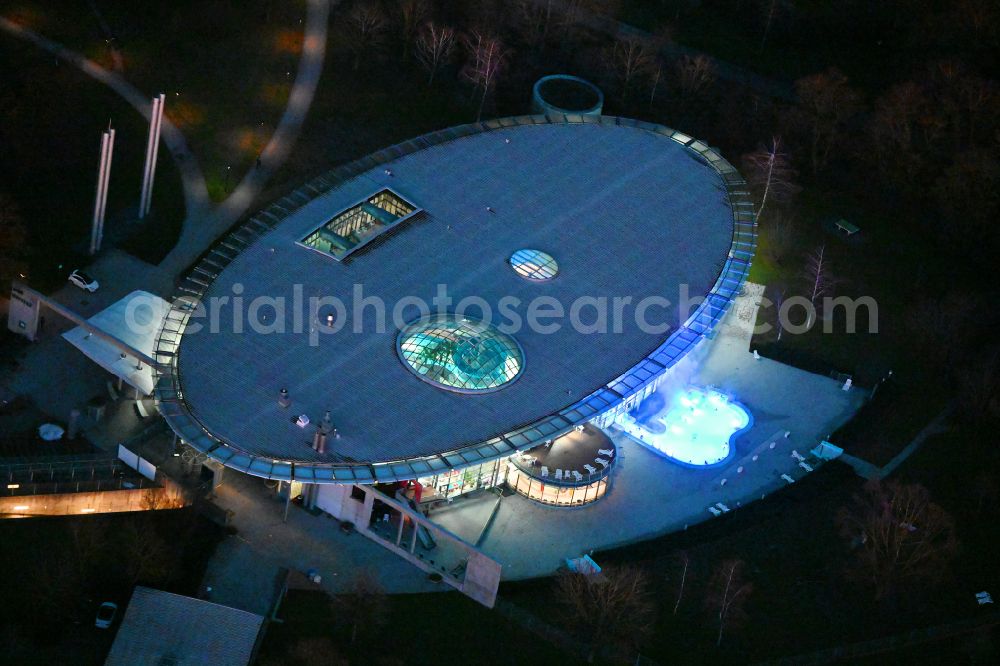 Aerial image at night München - Night lighting swimming pool of the Westbad on er Weinbergerstrasse in Munich in the state Bavaria, Germany