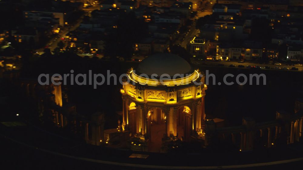 San Francisco at night from the bird perspective: Night lighting tourist attraction and sightseeing Palace of Fine Arts in San Francisco in California, United States of America