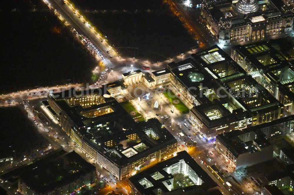 Aerial photograph at night Berlin - Night lighting of the Brandenburg Gate at the Pariser Platz in Berlin