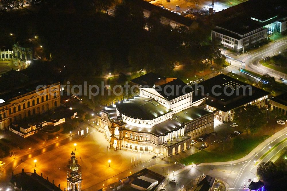 Aerial image at night Dresden - Night lighting view of the opera Semperoper in Dresden in the state Saxony