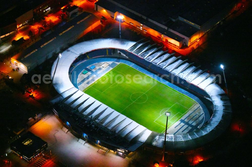 Aerial image at night Braunschweig - Night lighting Sports facility grounds of the Arena stadium in Braunschweig in the state Lower Saxony