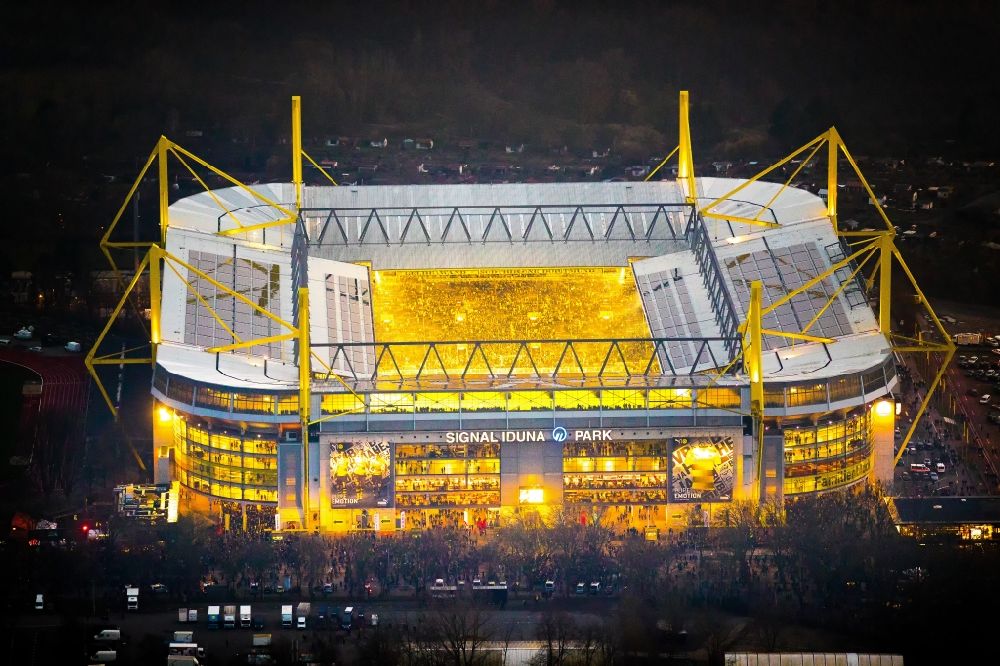 Dortmund at night from above - Night lighting Sports facility grounds of the Arena stadium in Dortmund in the state North Rhine-Westphalia