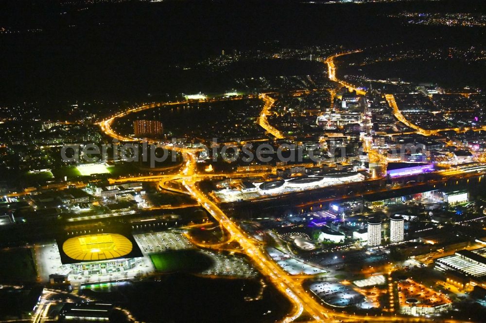 Wolfsburg at night from above - Night lighting Sports facility grounds of the Arena stadium Volkswagen Arena In den Allerwiesen in the district Sonderbezirk in Wolfsburg in the state Lower Saxony, Germany