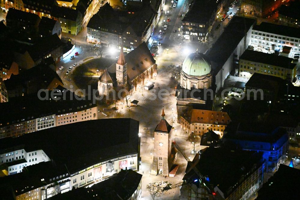 Aerial photograph at night Nürnberg - Night lighting church St. Elisabethkirche and Tower building Weisser Turm the rest of the former historic city walls in the district Altstadt - Sankt Lorenz in Nuremberg in the state Bavaria, Germany