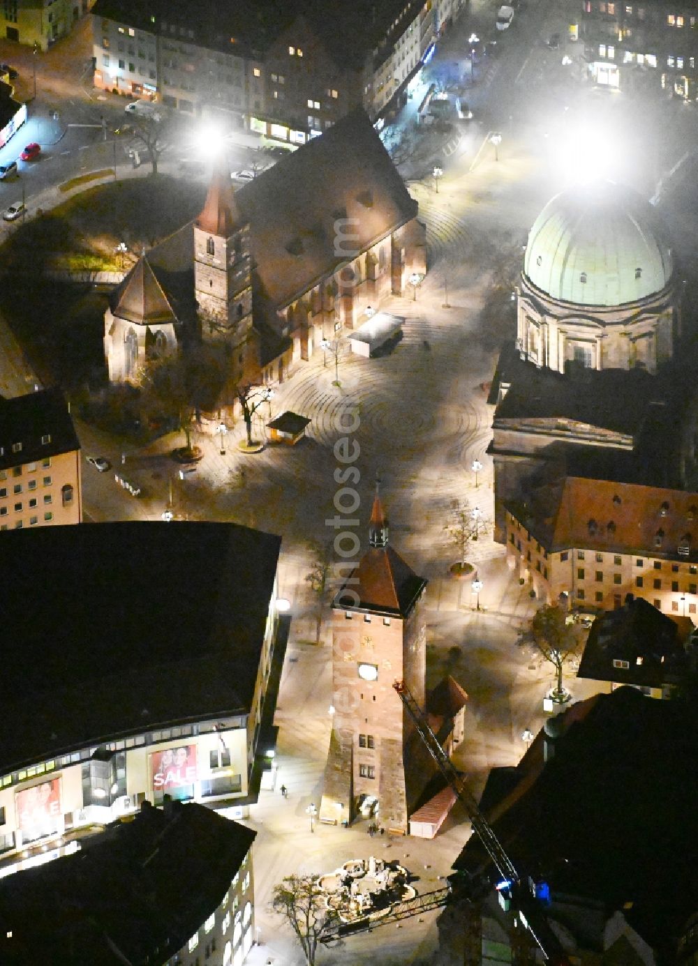 Aerial image at night Nürnberg - Night lighting church St. Elisabethkirche and Tower building Weisser Turm the rest of the former historic city walls in the district Altstadt - Sankt Lorenz in Nuremberg in the state Bavaria, Germany