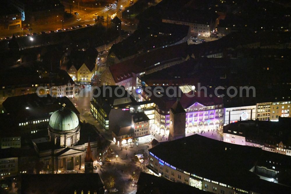 Nürnberg at night from the bird perspective: Night lighting church St. Elisabethkirche and Tower building Weisser Turm the rest of the former historic city walls in the district Altstadt - Sankt Lorenz in Nuremberg in the state Bavaria, Germany