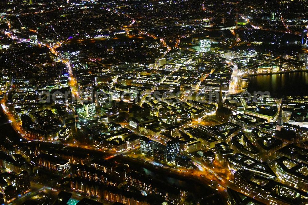 Aerial photograph at night Hamburg - Night lighting city view on down town in the district Altstadt in Hamburg, Germany
