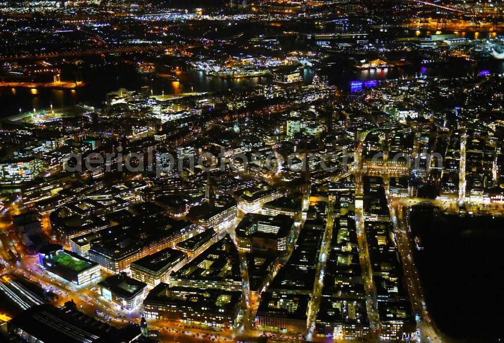 Aerial image at night Hamburg - Night lighting city view on down town Ballindamm - Glockengiesserwall - Rosenstrasse in the district Zentrum in Hamburg, Germany