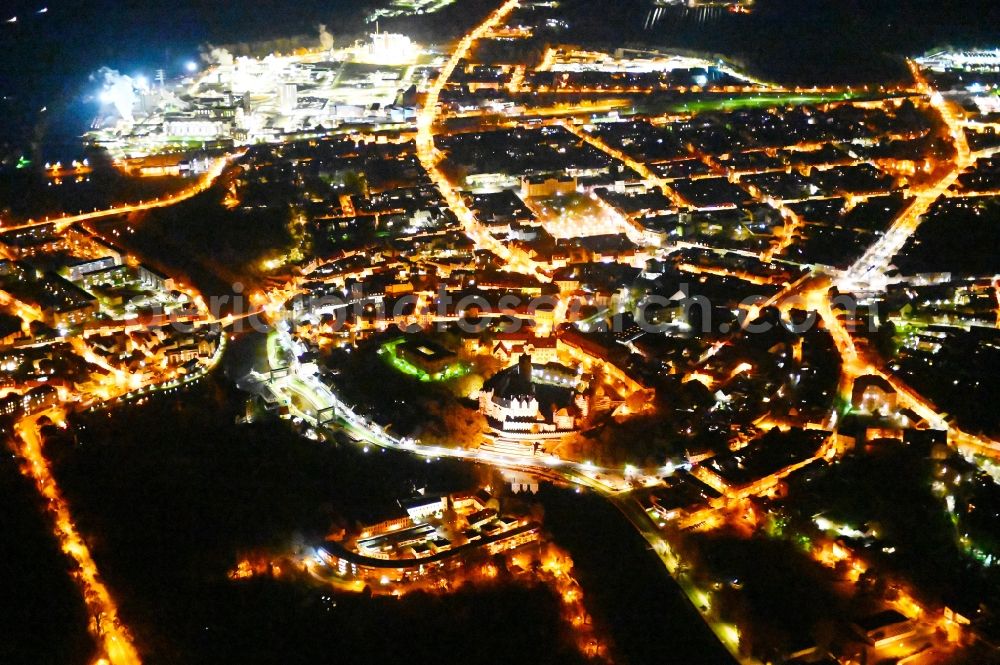 Bernburg (Saale) at night from above - Night lighting city view on down town in Bernburg (Saale) in the state Saxony-Anhalt, Germany