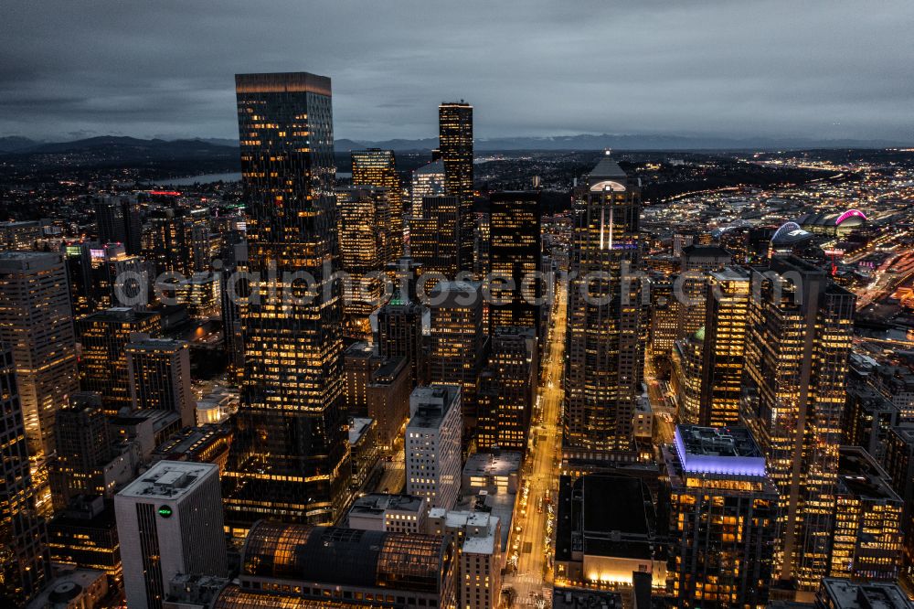Seattle at night from the bird perspective: Night lighting city view on down town Downtown in Seattle in Washington, United States of America