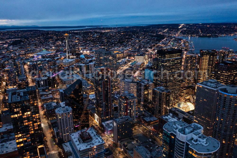 Aerial photograph at night Seattle - Night lighting city view on down town Downtown in Seattle in Washington, United States of America