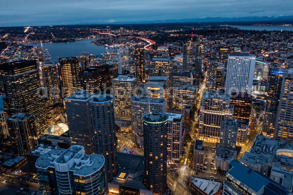 Aerial image at night Seattle - Night lighting city view on down town Downtown in Seattle in Washington, United States of America