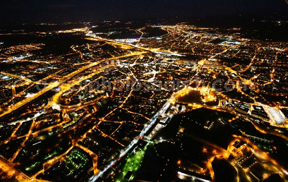Erfurt at night from the bird perspective: Night lighting City view of the city area in Erfurt in the state Thuringia, Germany