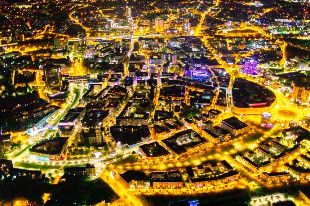 Aerial photograph at night Essen - Night lighting city view of the city area of in Essen at Ruhrgebiet in the state North Rhine-Westphalia, Germany