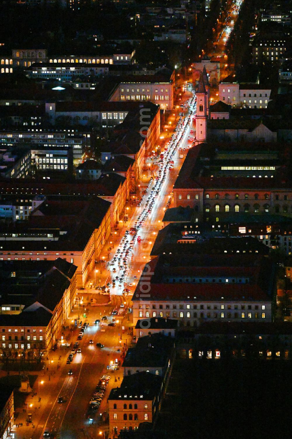 Aerial photograph at night München - Night lighting city view on down town on street Ludwigstrasse in the district Altstadt in Munich in the state Bavaria, Germany