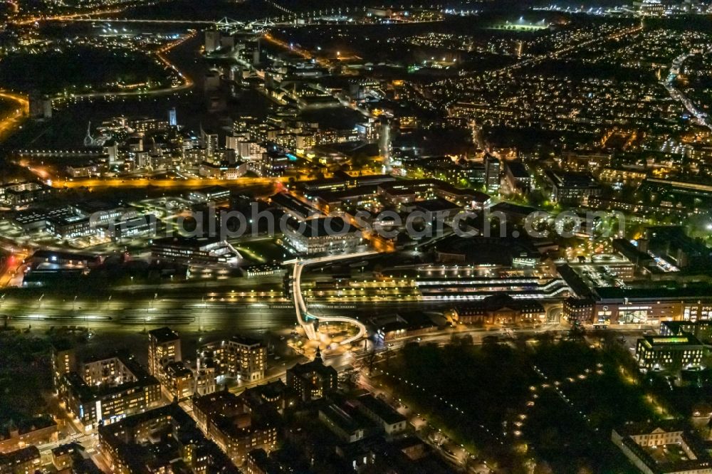 Odense at night from the bird perspective: Night lighting city view on down town in Odense in Syddanmark, Denmark