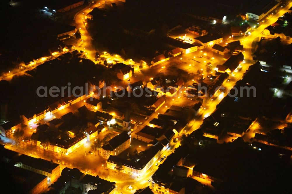 Seelow at night from above - Night lighting City view of downtown area in Seelow in the state Brandenburg, Germany