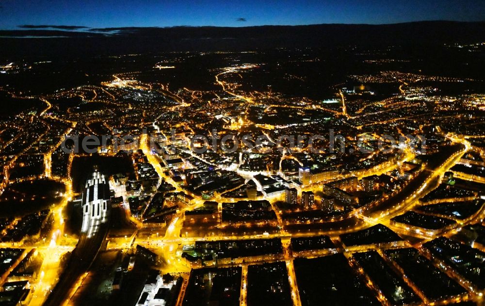 Aerial image at night Erfurt - Night lighting City view of downtown area on Central Station with district Kraempfervorstadt in Erfurt in the state Thuringia, Germany