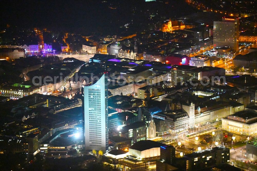 Leipzig at night from above - Night lighting City view of downtown area between City-Hochhaus on Augustusplatz and Oper in Leipzig in the state Saxony, Germany