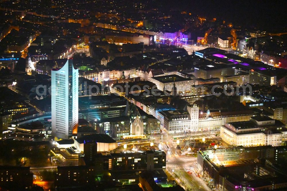 Leipzig at night from the bird perspective: Night lighting City view of downtown area between City-Hochhaus on Augustusplatz and Oper in Leipzig in the state Saxony, Germany