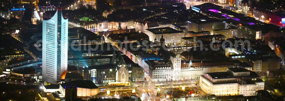 Aerial photograph at night Leipzig - Night lighting City view of downtown area between City-Hochhaus on Augustusplatz and Oper in Leipzig in the state Saxony, Germany