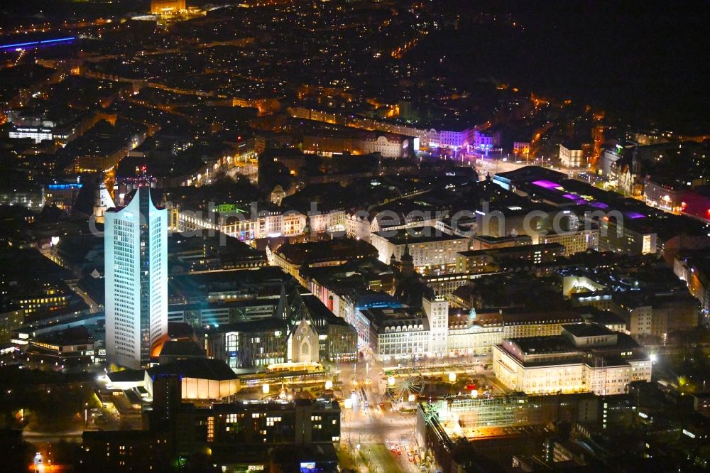 Aerial image at night Leipzig - Night lighting City view of downtown area between City-Hochhaus on Augustusplatz and Oper in Leipzig in the state Saxony, Germany