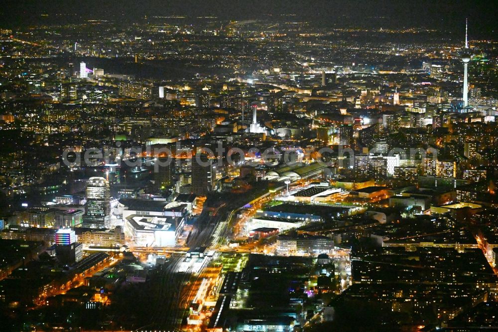 Berlin at night from above - Night lighting cityscape of the district on Warschauer Strasse in the district Friedrichshain in Berlin, Germany