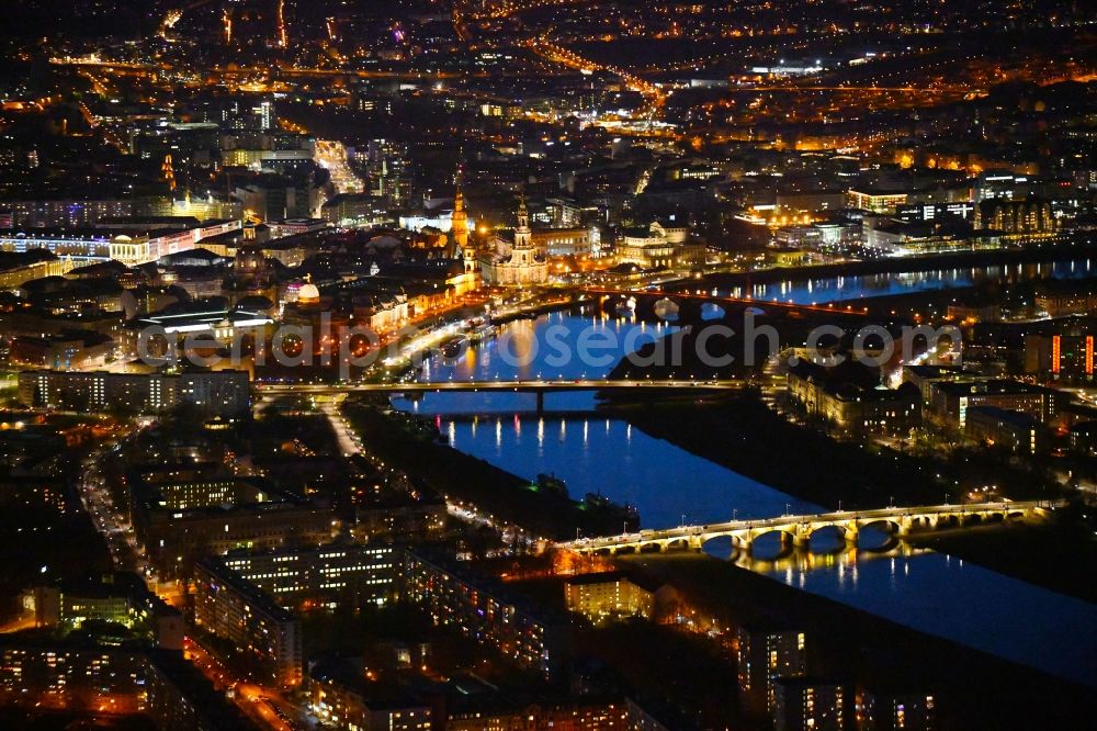 Aerial photograph at night Dresden - Night lighting City view on the river bank of the River Elbe in Dresden in the state Saxony, Germany