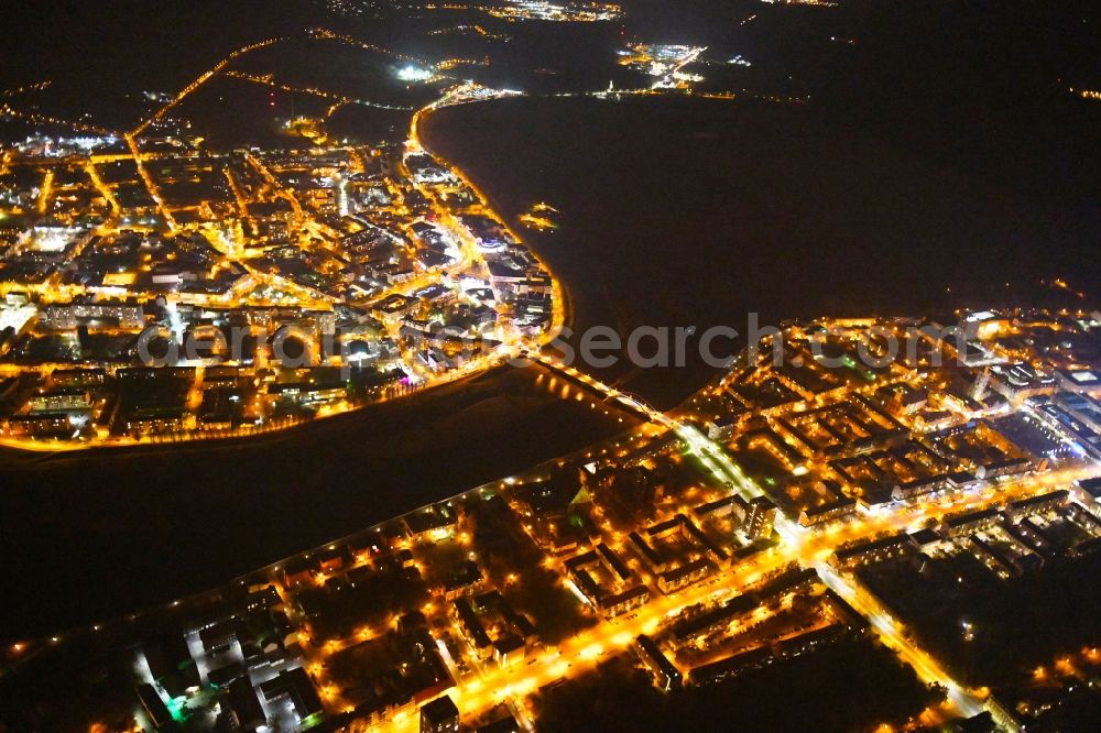 Slubice at night from the bird perspective: Night lighting City view on the river bank of Oder in Slubice in lubuskie, Poland