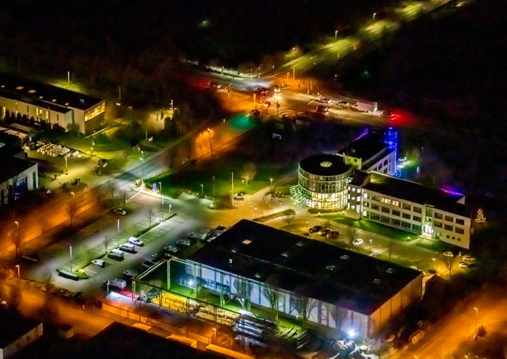 Aerial photograph at night Unna - Night lighting office building on Heinrich-Hertz-Strasse in the district Industriepark Unna in Unna in the state North Rhine-Westphalia, Germany