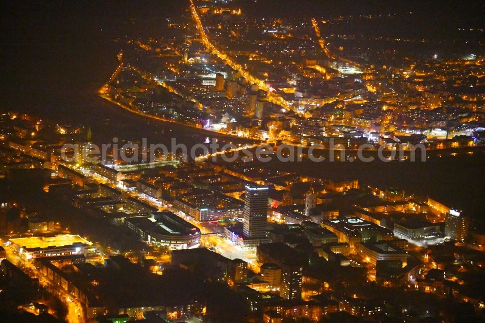 Frankfurt (Oder) at night from the bird perspective: Night lighting City center in the downtown area on the banks of river course of Oder in Frankfurt (Oder) in the state Brandenburg, Germany