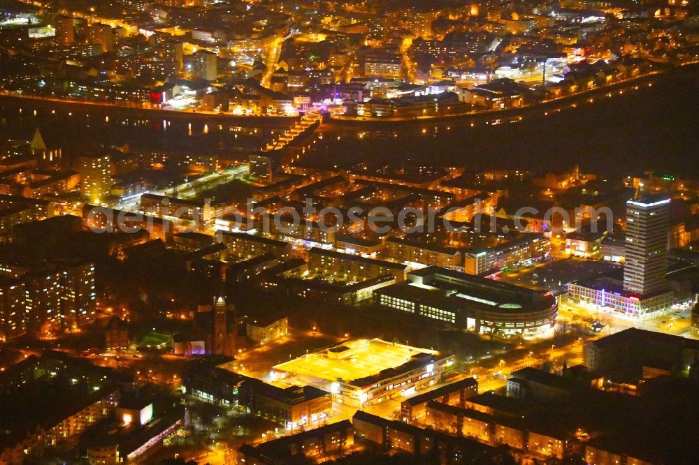 Aerial image at night Frankfurt (Oder) - Night lighting City center in the downtown area on the banks of river course of Oder in Frankfurt (Oder) in the state Brandenburg, Germany